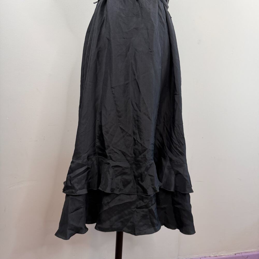 Vintage Y2K Black Silk Ruffle V-Neck Tie-Waist Romantic Tiered Midi Slip Dress 4 - Picture 3 of 8